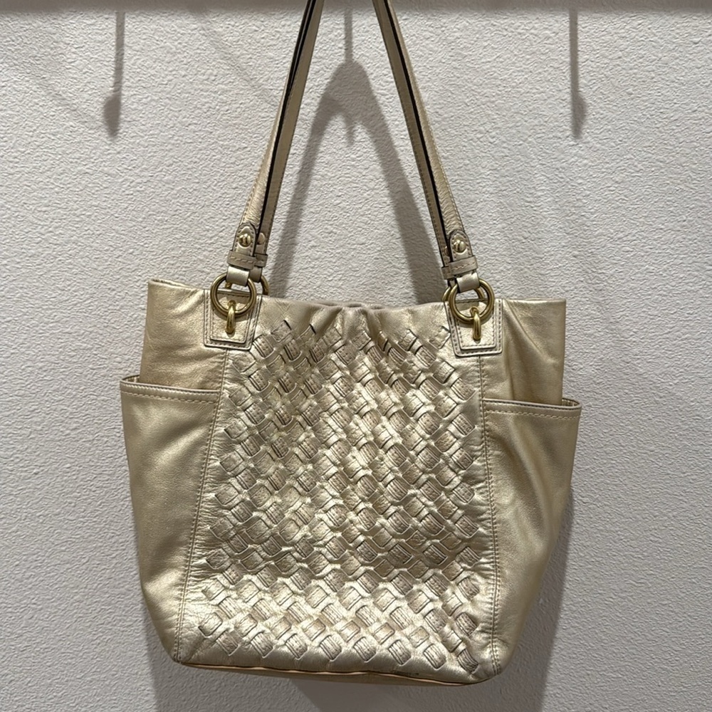 COACH- North South Metallic Woven Leather Gold‎ Leather Shoulder Bag Tote F17099 - Picture 4 of 17